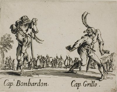 Kapten Bonbardon - Kapten Grillo, plansch 13 från Balli di Sfessania av Jacques Callot