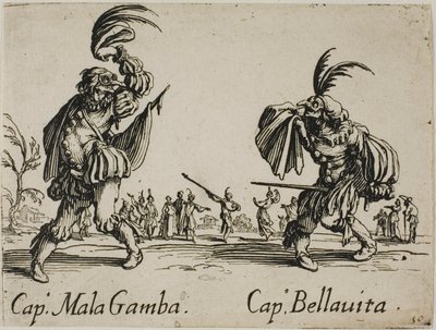 Kapten Mala Gamba - Kapten Bellavita, plansch 15 från Balli di Sfessania av Jacques Callot