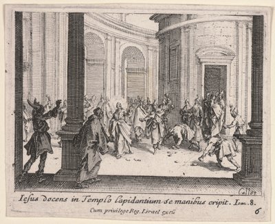 Kristus blir stenad från templet av Jacques Callot