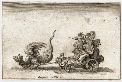 Strid mot barriären: En vagn dragen av en drake ... (gravyr) av Jacques Callot
