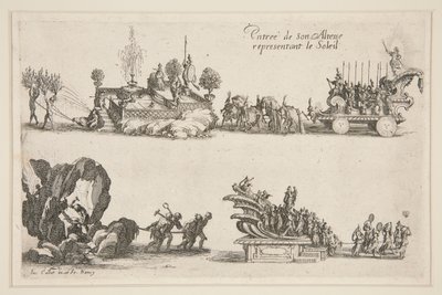 Bekämpa? barriären, ingången till hans höghet (Karl IV) som representerar solen av Jacques Callot
