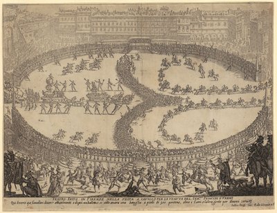 Vagnarnas intåg och infanteriets och kavalleriets parad på Piazza Santa Croce i Florens till ära för prinsen av Urbino, blad 6 i serien ”Skönhetens krig” av Jacques Callot