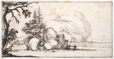 Fantastiska klippor vid kusten, byggnader vid stranden (penna & brunt bläck på papper) av Jacques Callot