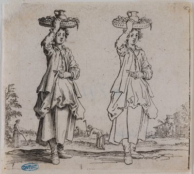 Olika figurer, Bonden sedd framifrån med en korg på huvudet. Sjätte delen i en serie om 16 stycken (Lieure 203, Meaume 741) av Jacques Callot