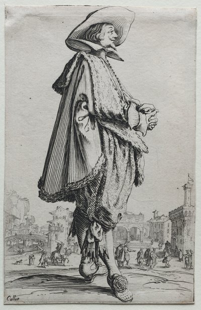 Gentleman står i profil med knäppta händer. av Jacques Callot