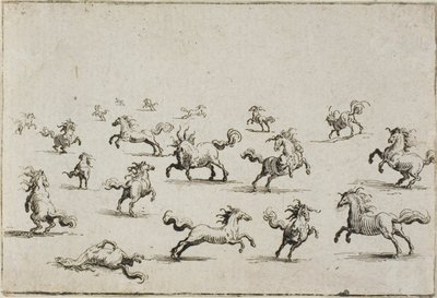 Hästar som springer fritt, från The Caprices av Jacques Callot
