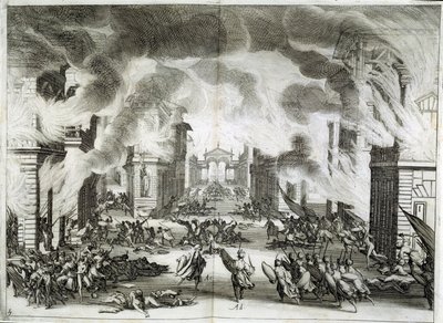 Illustration av pjäsen "Soliman" (Il Solimano). Tragedi av Prospero Bonarelli, Akt V, Scen V, 8 december av Jacques Callot
