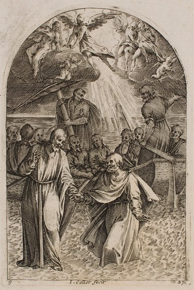 Jesus och Sankt Petrus går på vattnet, ur serien ”Bilder från Rom” av Jacques Callot