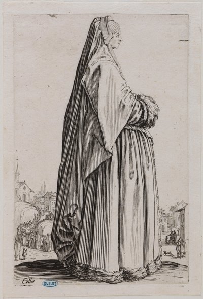Adeln, damen med en stor slöja och en pälsbrämad klänning. Femte numret i en serie om 12 blad (Lieure 553, Meaume 679) av Jacques Callot