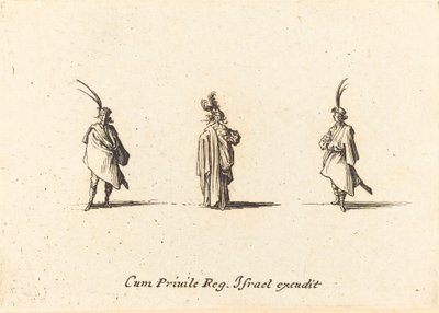 Dam i lång mantel och två herrar av Jacques Callot