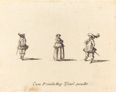 Dam med armarna i kors och två herrar av Jacques Callot