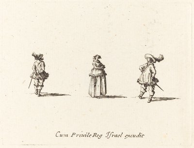 Dam med armarna i kors och två herrar av Jacques Callot