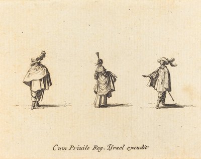 Dam med klänning samlad och två herrar av Jacques Callot