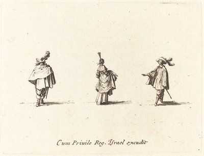 Dam med klänning samlad och två herrar av Jacques Callot