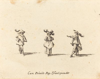 Dam med stora plymer och två herrar av Jacques Callot