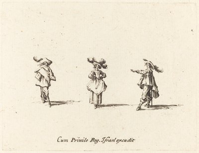 Dam med stora plymer och två herrar av Jacques Callot