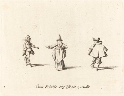 Dam med utsträckt arm, sedd bakifrån, och två herrar av Jacques Callot