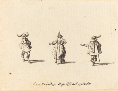 Dam med utsträckt arm och två herrar av Jacques Callot