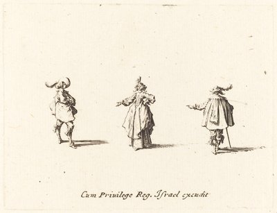 Dam med utsträckt arm och två herrar av Jacques Callot