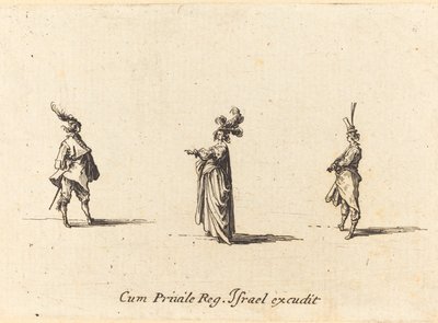 Dam med plymad hatt och två herrar av Jacques Callot
