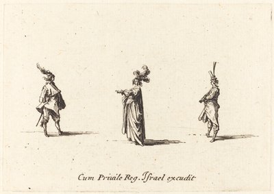 Dam med plymad hatt och två herrar, troligen 1634. av Jacques Callot