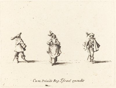 Dam med plymer och två herrar, troligen 1634. av Jacques Callot