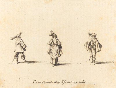 Dam med plymer och två herrar, troligen 1634. av Jacques Callot