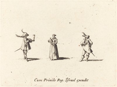 Dam med vinflaska och två herrar av Jacques Callot