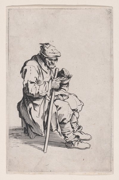 Den sittande och ätande tiggaren, ur ”Les Gueux, suite appelée aussi Les Mendiants, Les Baroni, ou Les Barons” av Jacques Callot