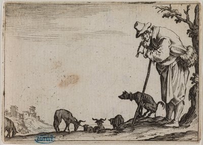 Les Caprices, ”Herdaren som spelar flöjt”. Nummer 37 i sviten med 50 stycken, graverad i Nancy (Lieure 464, Meaume 833) av Jacques Callot