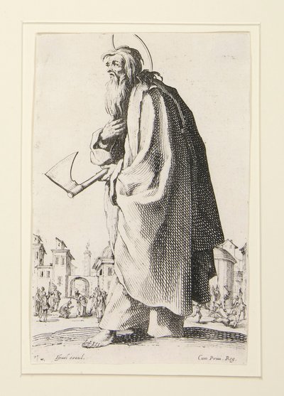 De stora apostlarna står, representerar Frälsaren, den välsignade och de heliga apostlarna Maria av Jacques Callot