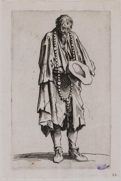 ”Les Gueux”, ”Tiggaren med radbandet”. Elfte stycket i en svit bestående av 25 stycken (Lieure 489, Meaume 695) av Jacques Callot