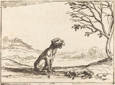 Lejoninna som sörjer sin unge. av Jacques Callot