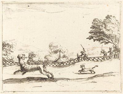 Lejoninna och unge förföljs av jägare av Jacques Callot