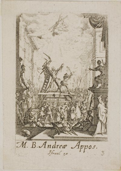 Sankt Andreas martyrdöd, plansch tre från Apostlarnas martyrdöd av Jacques Callot