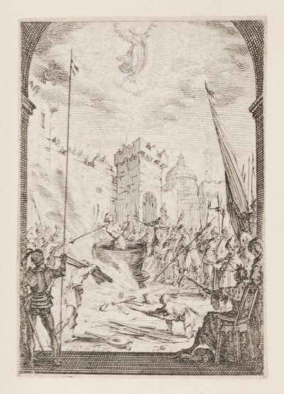Johannes evangelistens martyrskap, nr. 2 från Apostlarnas martyrskap av Jacques Callot