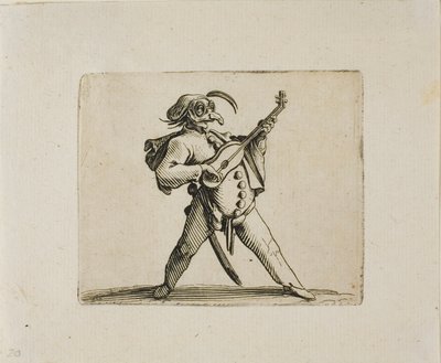 Maskerad komiker som spelar gitarr, från Varie Figure Gobbi av Jacques Callot