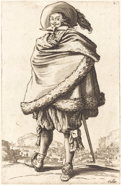 Noble Man insvept i en mantel trimmad med päls av Jacques Callot