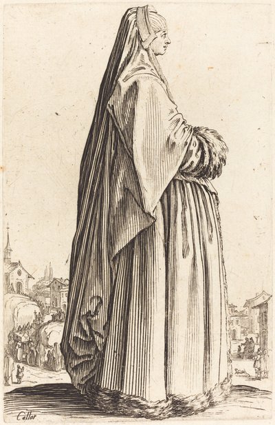 Adlig kvinna som bär en slöja och en klänning trimmad i päls av Jacques Callot