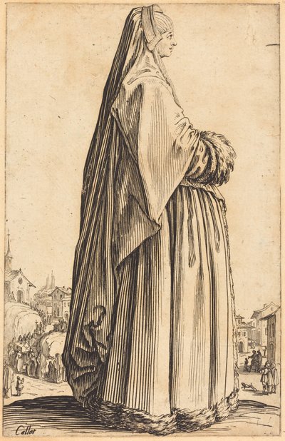 Adelsdam med slöja och pälsprydd klänning av Jacques Callot