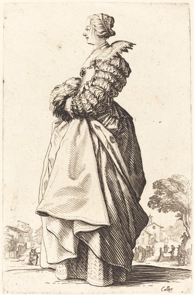 Adlig kvinna i profil med händerna i en muff av Jacques Callot