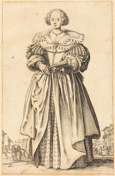 Adelskvinna med solfjäder av Jacques Callot