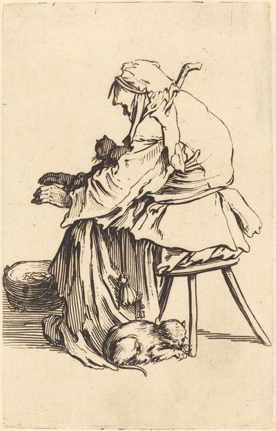Gammal kvinna med katter av Jacques Callot