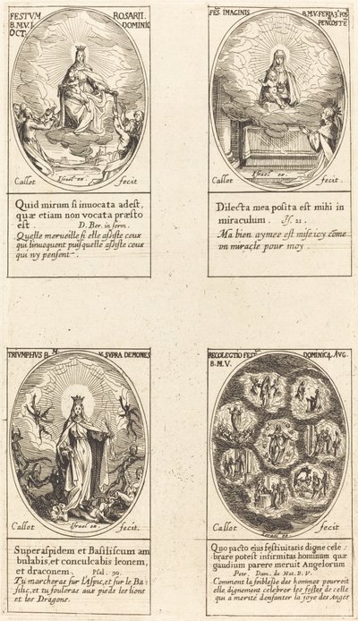 Vår Fru av Rosenkransen; Jungfru och barn som dyker upp i ett moln; Triumferande Jungfru; Reu av Jacques Callot