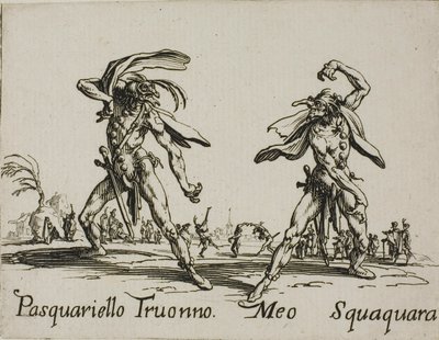 Pasquariello Truonno - Meo Squaquara, platta 20 från Balli di Sfessania av Jacques Callot