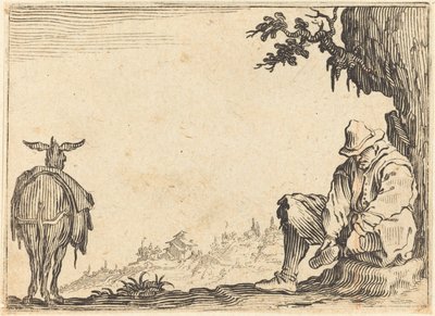Bonde som tar av sig sin sko, ca. 1622. av Jacques Callot