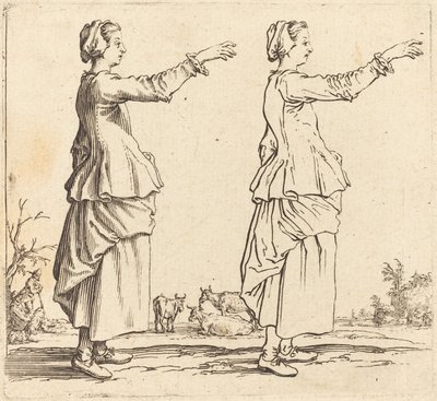 Bondkvinna, i profil, vänd åt höger, med utsträckt arm av Jacques Callot