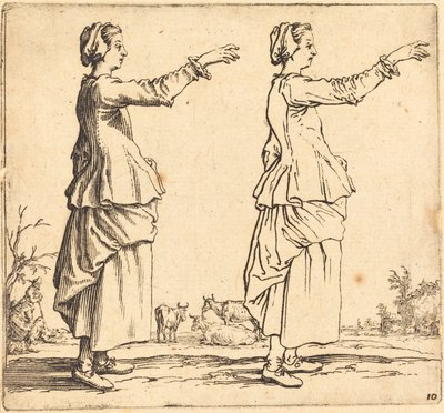 Bondekvinna, i profil, vänd åt höger, med utsträckt arm, 1617 och 1621. av Jacques Callot