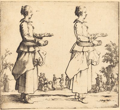Bondkvinna med korg, i profil, högervänd, 1617 och 1621. av Jacques Callot