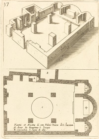 Plan och höjd av kyrkan S. Iacoma av Jacques Callot